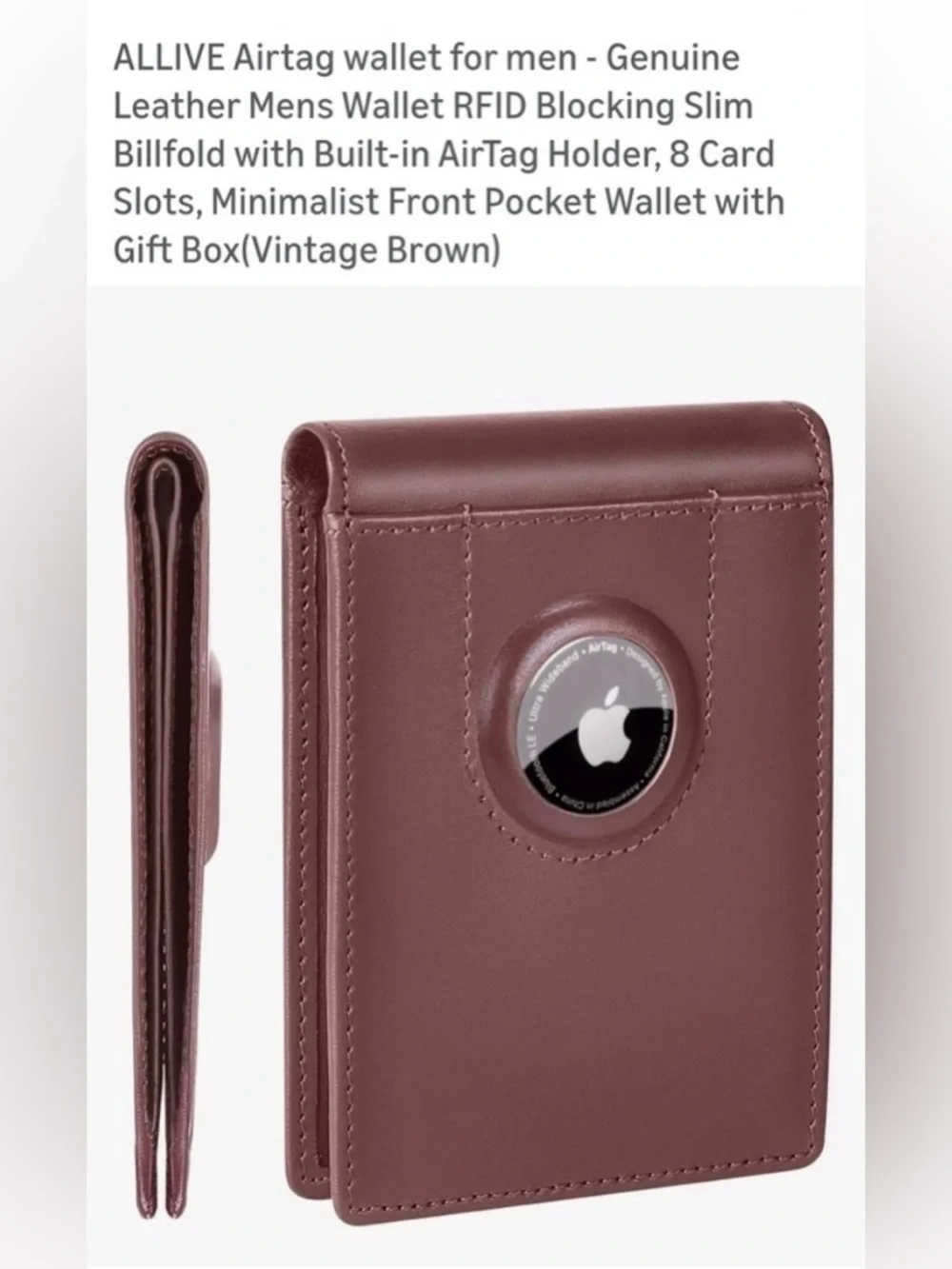 ALLIVE Men’s AirTag Wallet - Genuine Leather, Vintage Brown.